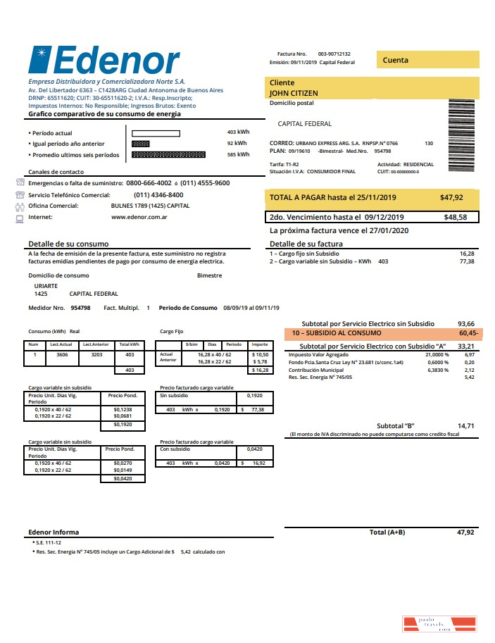Argentina Edenor easy to fill utility bill template in Word (.doc) and PDF (.pdf) format